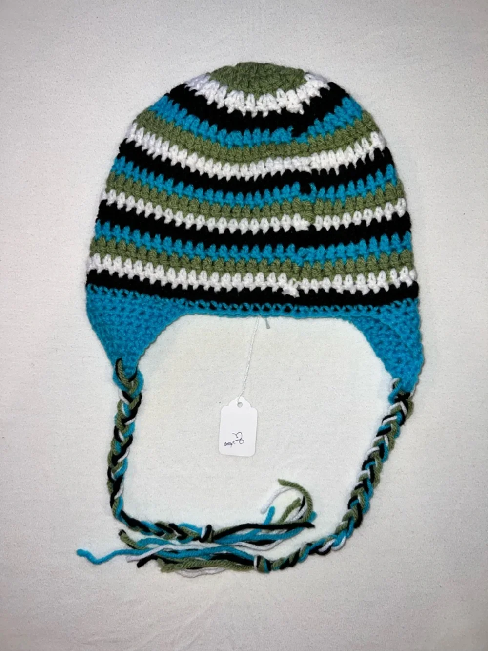 Handknit hat & scarf set (turquoise, black, green, white)‎ hiking skiing fishing
